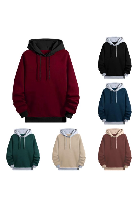 Male Autumn and Winter Hooded Sweatshirt Long Sleeve Color Blocke Pocket Patchwork Top French Jacket Men XXL