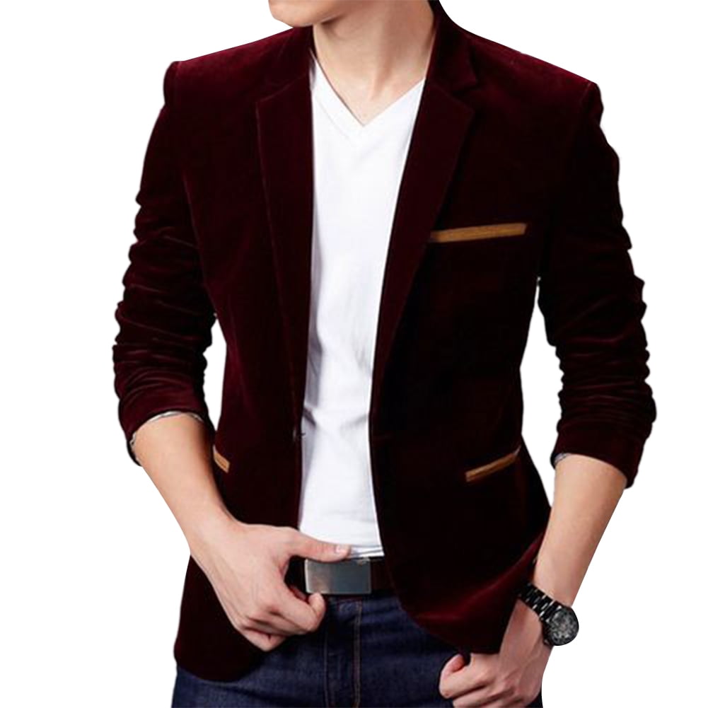 Male Blazer Tops Autumn Winter Red Wine Velvet Fashion Leisure Suit Jackets Male Wedding Groom Singer Slim Fit Blazers