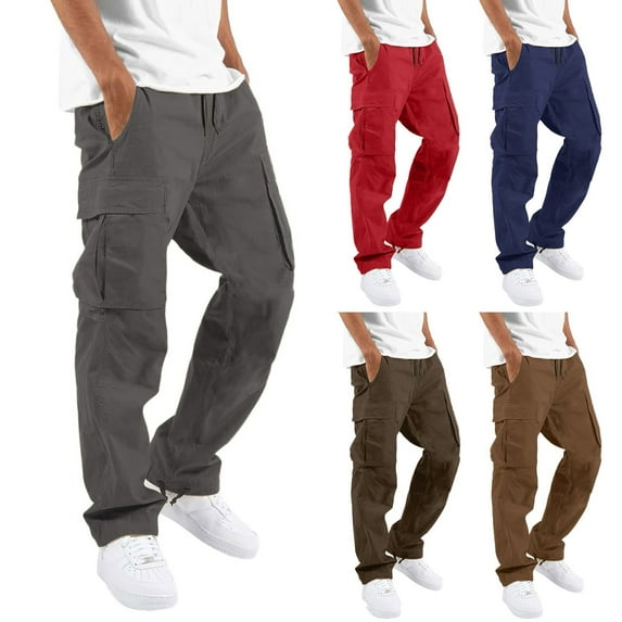 Male Cargo Pants Mens Straight Leg Cargo Slacks Stretch Elastic Waist Drawstring Joggers Pants Straight Casual Trousers Outdoor Trousers Stretch Sweatpants Streetwear