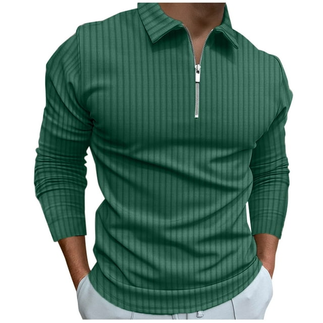 Male Casual Autumn Striped Fabric T Shirt Zipper Turn Down Collar Long ...