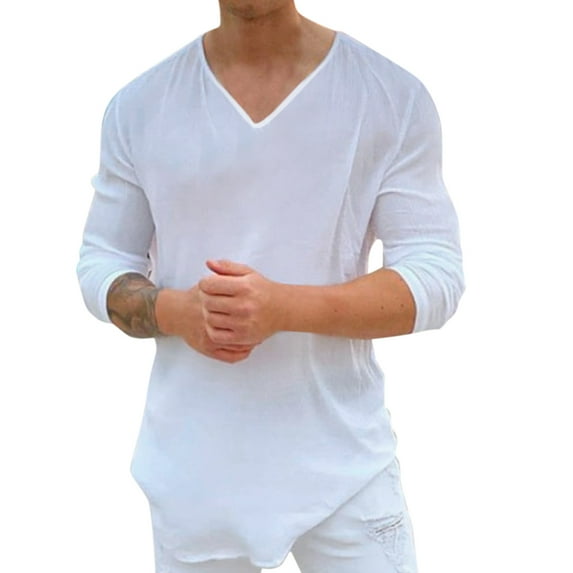 Male Casual Cotton Solid T-Shirt Special Design V Neck Shirt Long Sleeve Fashion Loose Top