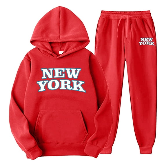 Male Casual Outfit Solid Color NEW YORK Letter Print Pullover Long Sleeve Hooded Sweatshirt Hoodie Comfort Sport Pants Man's Sweatshirt Set