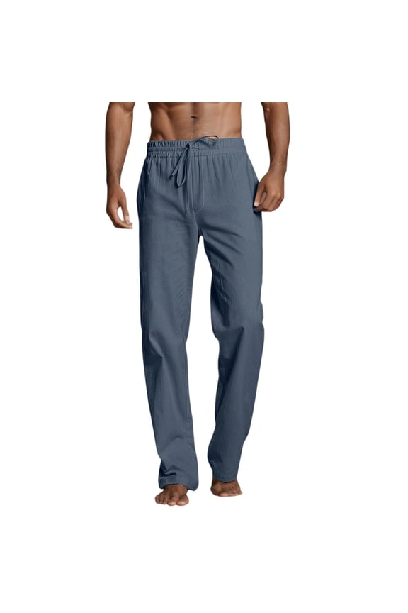 Male Casual Solid Full Length Straight Pant Drawstring Pocket Trousers - Polyester, Comfortable/Stretchy, Summer Wear, Fits True to Size