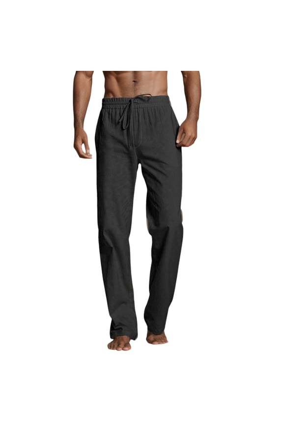Male Casual Solid Full Length Straight Pant Drawstring Pocket Trousers - Polyester, Comfortable/Stretchy, Summer Wear, Fits True to Size