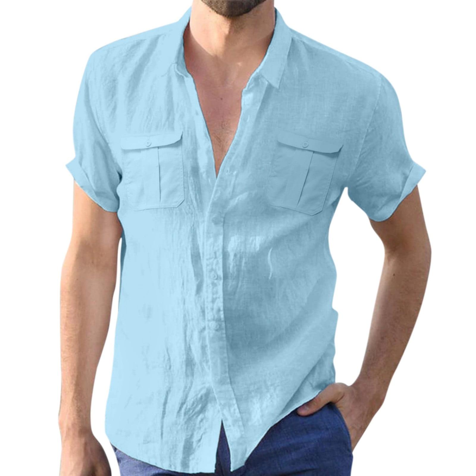 Male Casual Solid Shirt Double Pocket Short Sleeve Turn-Down Collar ...