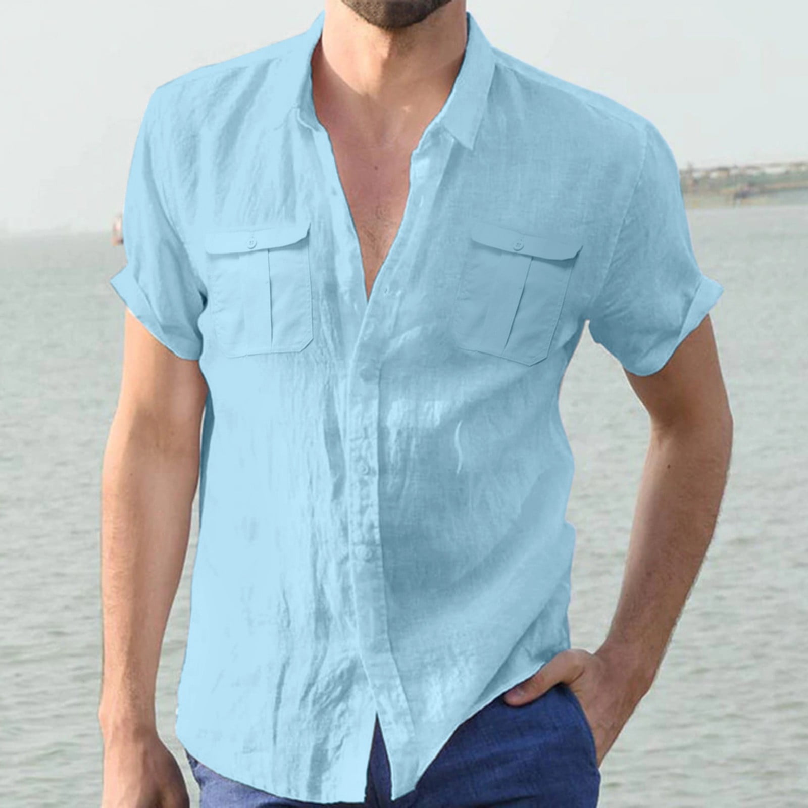 Male Casual Solid Top Shirt Double Pocket Short Sleeve Elegant Turn ...