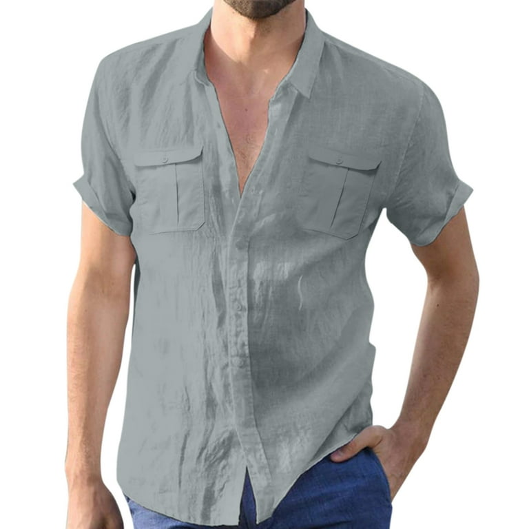 Male Casual Solid Tops Shirt Double Pocket Short Sleeve Elegant Turn-Down  Collar Shirt Button Formal Shirt Bodysuit Outdoor Shirt Dragon Jacket Men 
