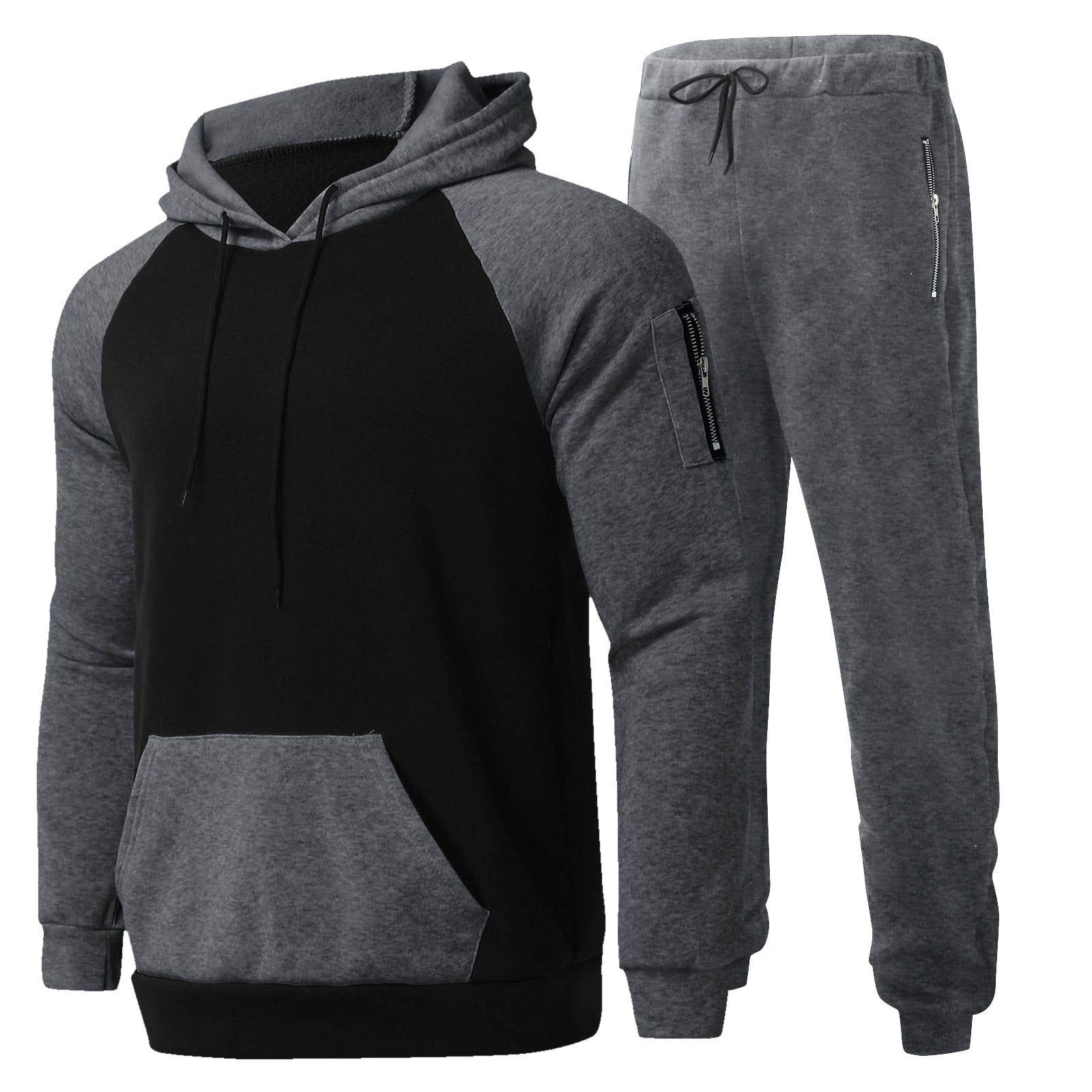 Male Casual Solid Two Piece Suit Zipper Pocket Raglan Sleeve Hoodies Drawstring Zipper Pocket Pants Set Walmart