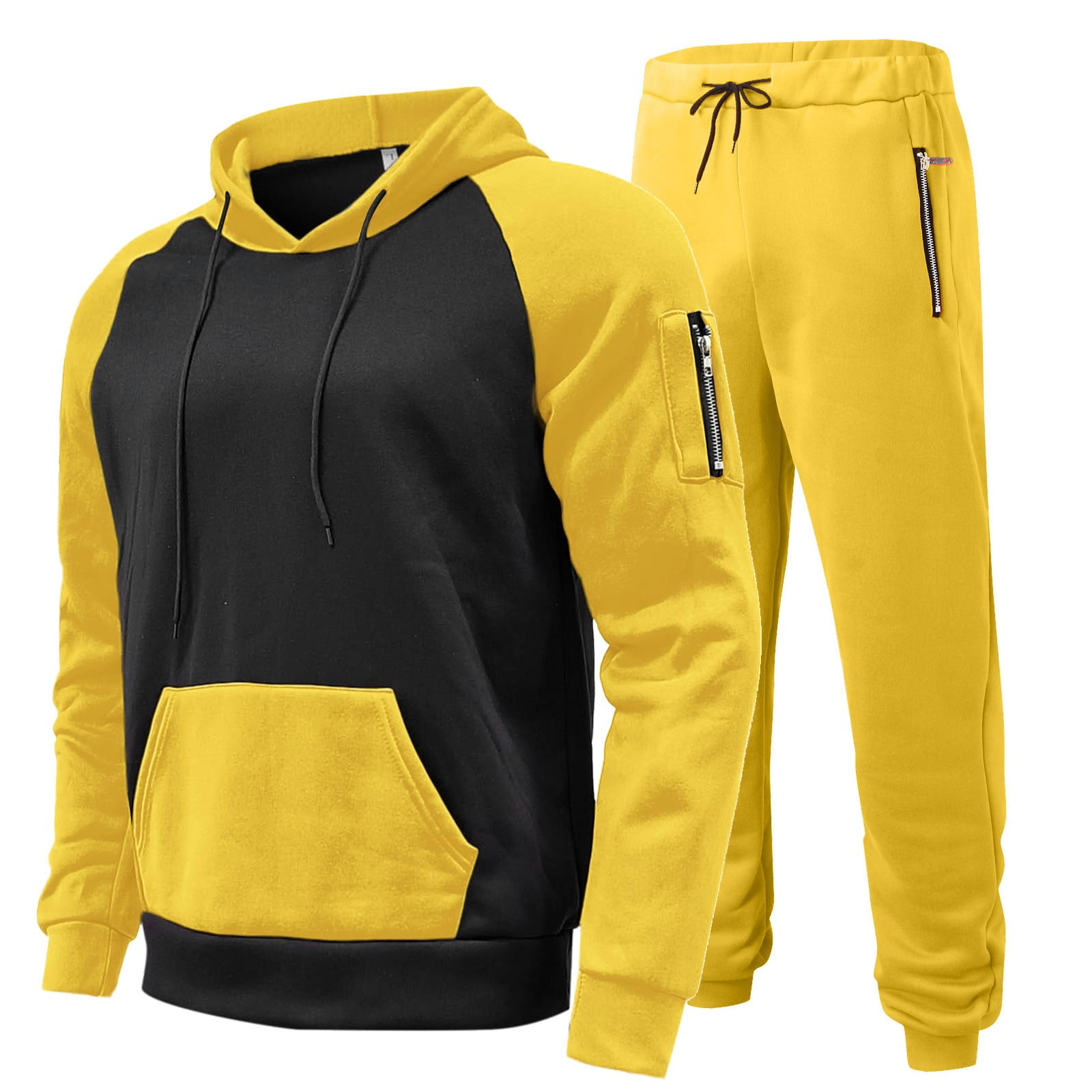 Male Casual Solid Two Piece Suit Zipper Pocket Raglan Sleeve Hoodies Drawstring Zipper Pocket Pants Set