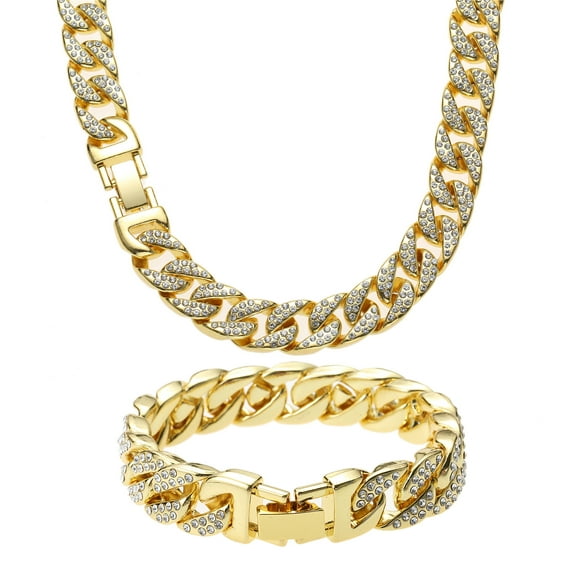Male Cuban Chain Necklace Bracelet Set Zircon Gold Men Teen Jewelry 13MM 20inch