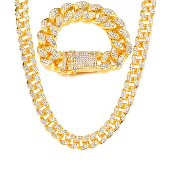 Male Cuban Chain Necklace Bracelet Set Zircon Pave Men Teen Jewelry 19MM 18inch