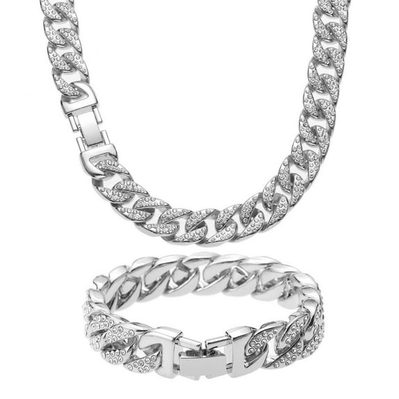 Male Cuban Chain Necklace Bracelet Set Zircon Silver Men Teen Jewelry 13MM 18inch