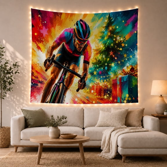 Male Cyclist with Christmas Tree and Gifts in Splatter Paint Backdrop, Energetic Psychedelic for Sports Lovers, Athletic Wall Decor Christmas Gift Tapestry Wall Hanging for Living Room and Dorm
