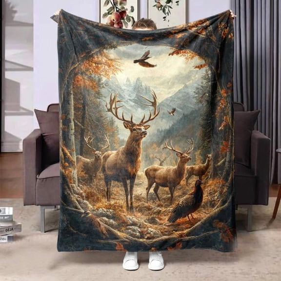 Male Deer Pattern Blanket, 1 Count Soft Warm Comfortable Throw Blanket, Air-conditioned Room Blanket, Warm Nap Blanket for Home Office Outdoor Camping