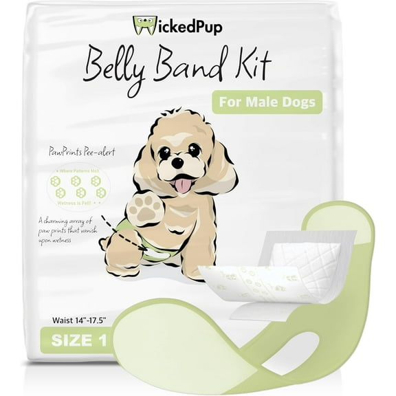 Male Dog Belly Band Kit, 50 Diaper Pads & 1 Reusable Male Wrap (Size 1 (14"-17.5" Waist))