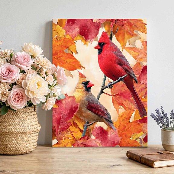 Male Female Tits Canvas Wall Art for Living Room, Thanksgiving Red Bird Leaves Poster Print Painting for Bedroom Office Home Decoration Wall Pictures Prepare To Hang 22"x28"