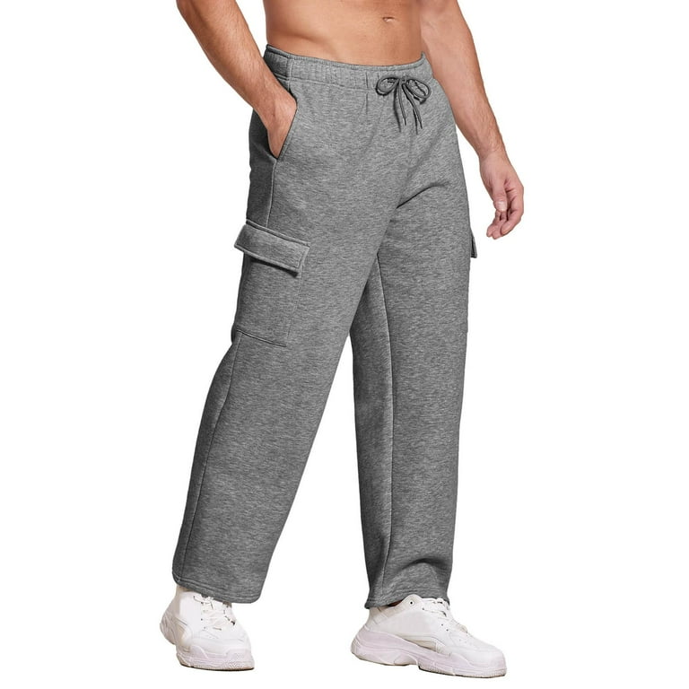 Male Fleece Lined Sweatpants Open Bottom Cargo Sweat Pants For Man Wide Leg Cotton Joggers Pants With Pockets