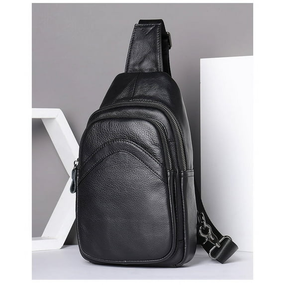 Male Genuine Leather Chest Bag Shoulder Messenger Bag Men Sling Bags Travel Day Pack Black Designer Crossbody Pack Waterproof Durable Vintage Stylish Casual