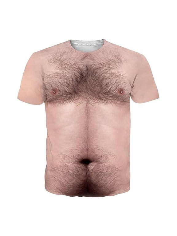 Male Hairy Chest Tshirt 3D Printed With Round Neck Pattern Short Sleeved Tshirt