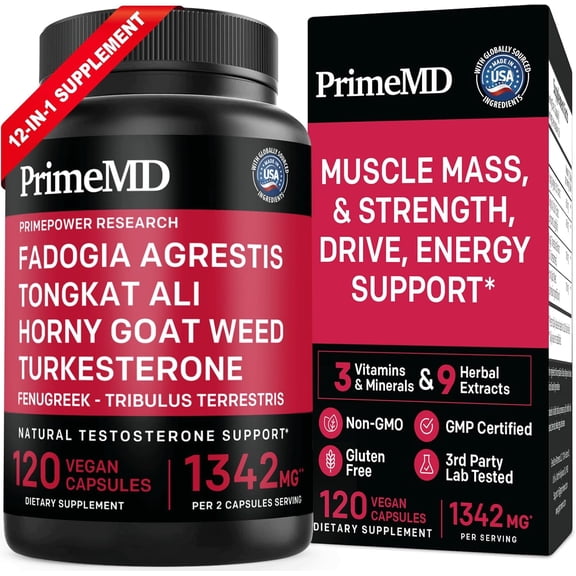 PrimeMD Fadogia Agrestis Tongkat Ali Supplement, Testosterone Booster for Men, 120 Count