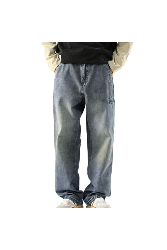 Male High Street Distressed Washed Yellow Mud Dyed Jeans Trendy American Oversized Wide Leg Pants