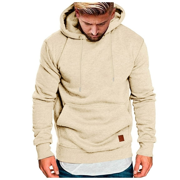 Male Hoodies With Pocket Leather Label Long Sleeve Large Size Comfortable Sweatshirt Top For Fall Winter Daily Wear,Khaki,Xl