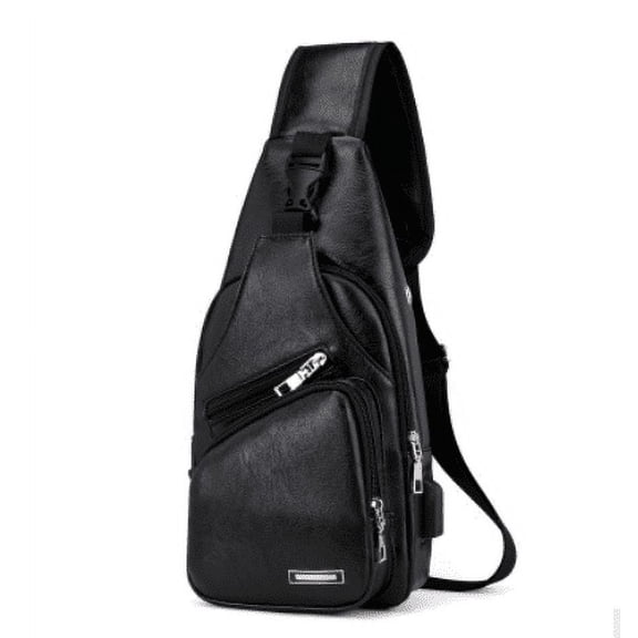 Male Leather Sling Chest Pack USB Hole Travel Crossbody Bag