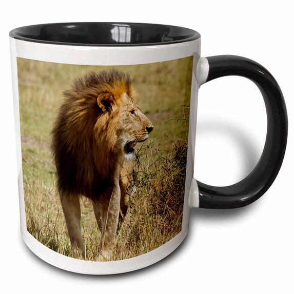 3drose, Male Lion, Panthera Leo, Hunting, Maasai Mara Wildlife Reserve, Kenya., 15oz Two-tone Black Mug