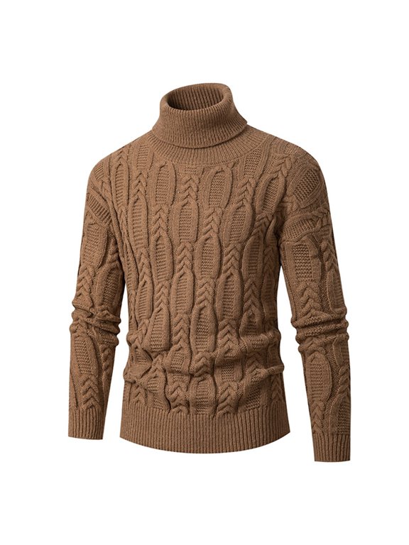 Male Long Sleeved High Neck Thick Needle Knitted Pullover Solid Color Sweater Warm Knit Sweater