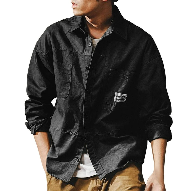 Male Loose Fitting Retro Long Sleeved Work Clothes Denim Shirt Jacket -  Walmart.com