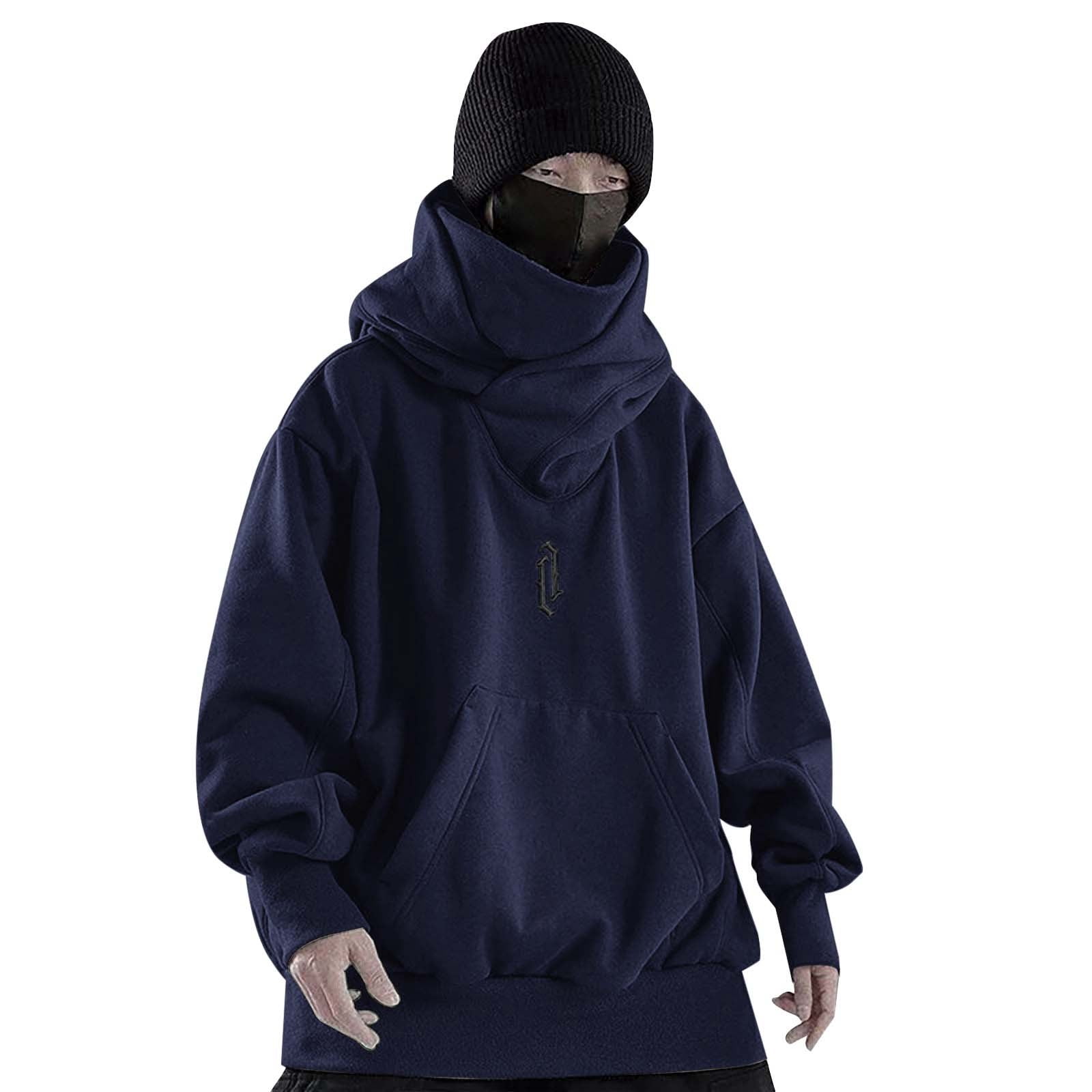 Male Man Autumn Solid Long Sleeve Hoodie Pocket High Collar Loose Hooded Sweatshirt Hiphop
