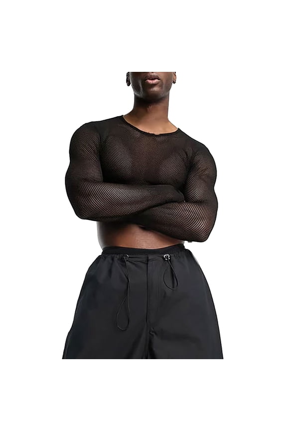 Male Man Top Clothing Slightly Transparent Long Sleeve Round Neck Crop T Shirt, XXL, Black