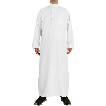 Male Muslim Robe Casual Stand Thobe Long Solid Pocket Long Sleeve Smooth Classic Lengthen Face Tie Knot Variety All Season Occasions