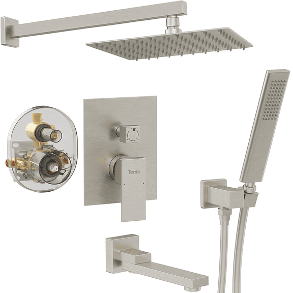 Male NPT Folding Bathtub Shower Faucet, Rain Shower Head System with Bath Tub Faucet Set and Handheld for Bathroom, Brushed Nickel 3 Function