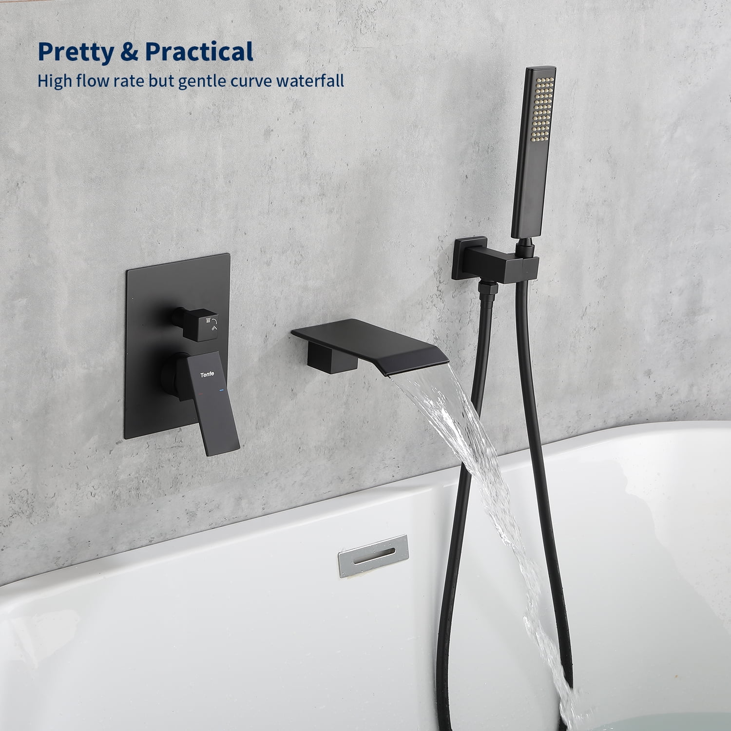 Male NPT Tub Faucet with Hand Shower, Matte Black Waterfall Bathtub ...