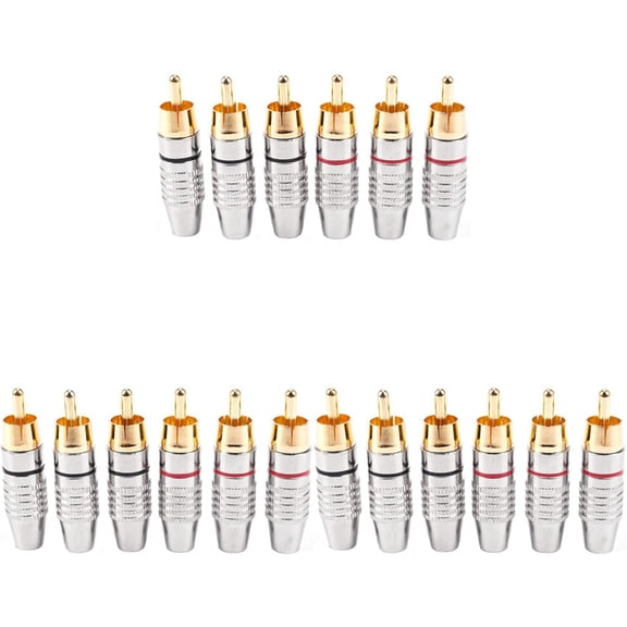 Male Plug Adapter, Audio Phono Gold Plated Solder Connector,Hi End - 18-Pack,Silver,18x RCA Male Plug Adapter(Includes: 9 silver-red connectors, 9 silver-black connectors),silver