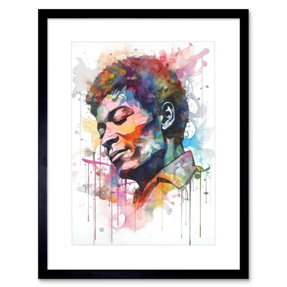 Male Portrait Face Closed Eyes Listening to Music Multicoloured Modern Watercolour Painting Artwork Framed Wall Art Print 9X7 Inch