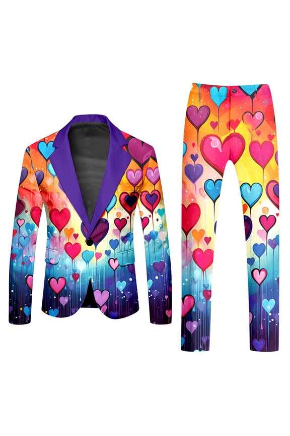 Male Rainbow Long Sleeve Coat and Pants Two Piece Suit with Printed Design, Button Closure, Pockets, Includes Tie - Men's Crazy Prom for Holiday Party Events