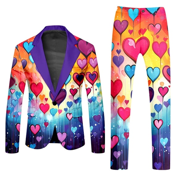 Male Rainbow Long Sleeve Coat and Pants Two Piece Suit with Printed Design, Button Closure, Pockets, Includes Tie - Men's Crazy Prom for Holiday Party Events