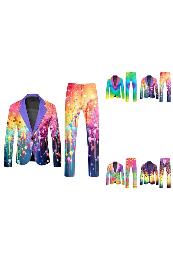 Male Rainbow Long Sleeve Coat and Pants Two Piece Suit with Printed Design, Button Closure, Pockets, Includes Tie - Men's Crazy Prom for Holiday Party Events