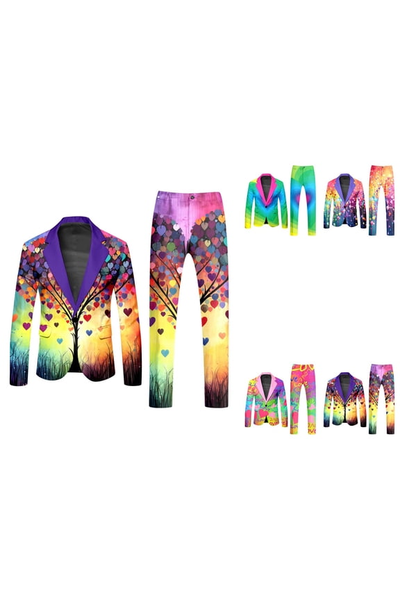 Male Rainbow Long Sleeve Coat and Pants Two Piece Suit with Printed Design, Button Closure, Pockets, Includes Tie - Men's Crazy Prom for Holiday Party Events