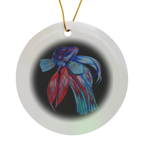 3drose, Male Siamese Fighting Fish Betta Splendens Isolated on Black, Circle Porcelain Ornament