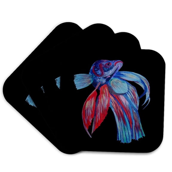 3drose, Male Siamese Fighting Fish Betta Splendens Isolated on Black, Set of 4 Coasters - Soft