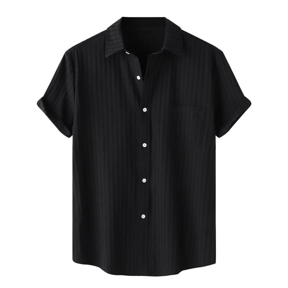 Male Solid Color Jacquard Striped Shirt Pure Short Sleeve Lapel Button Down Shirt