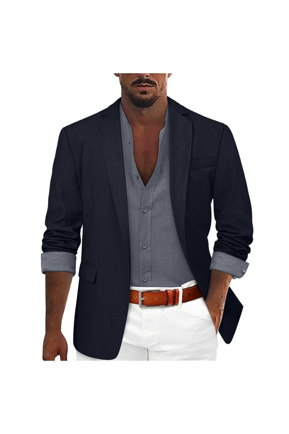 Male Solid Color Lapel One Button Pockets Mens Warm Coat (Navy S)