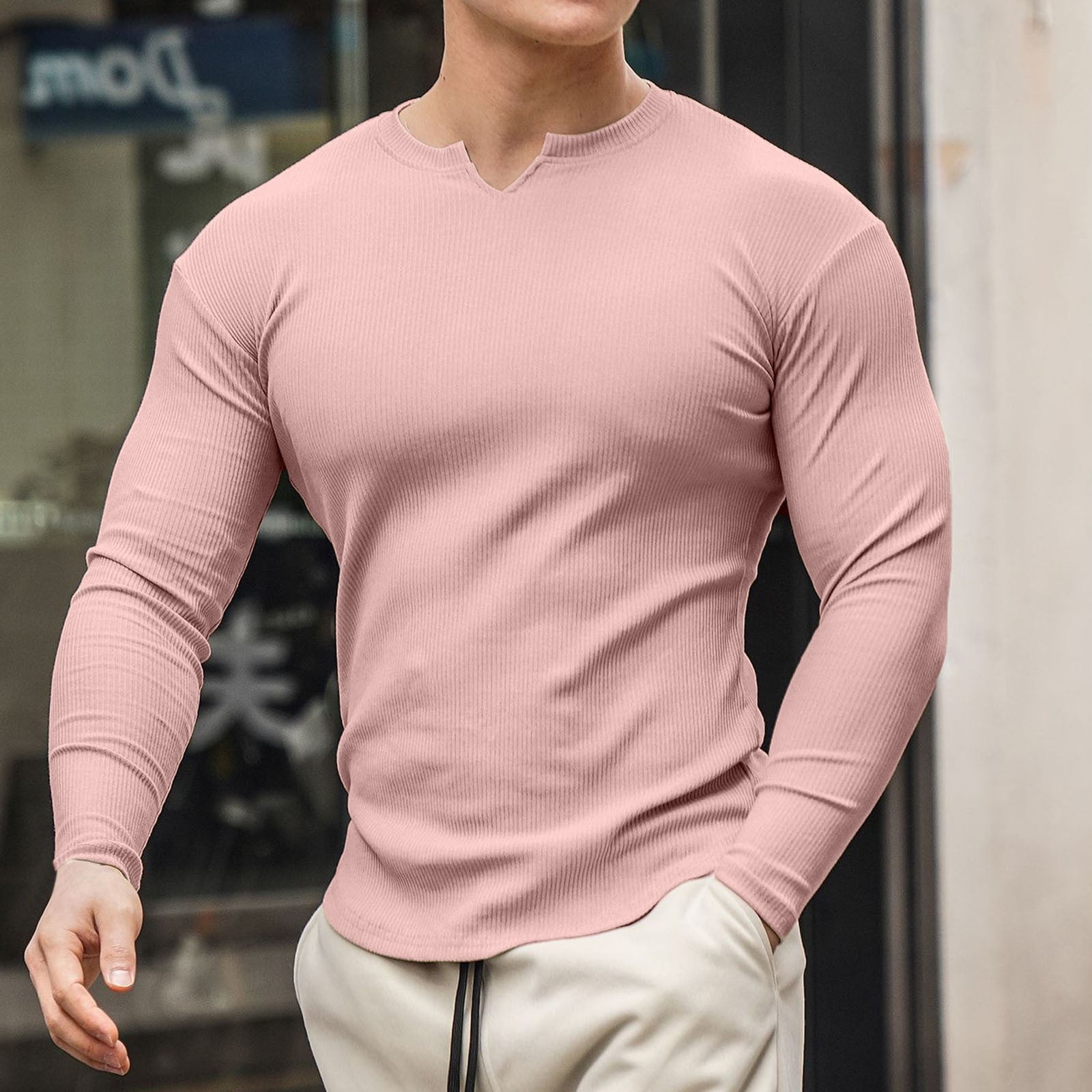 Men's Slim Fit Henley Shirts V Neck Long Sleeve Lightweight Tops Casual  Solid Color Basic T Shirts Pullover 