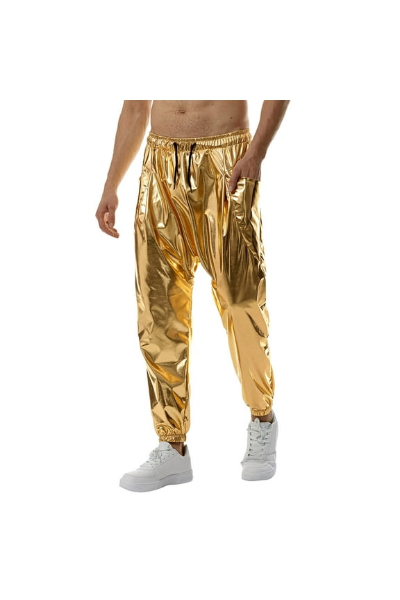 Male Spring Summer Trousers Solid Color Tethered Leather Pants Bright Leather Trousers