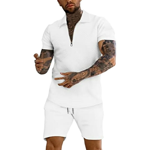 Male Spring Summer Two Piece Suit Cotton Solid Color Lapel Zipper Jacquard Short Sleeves And Lace Up Shorts