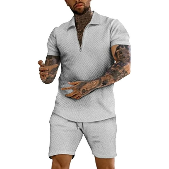 Male Spring Summer Two Piece Suit Cotton Solid Color Lapel Zipper Jacquard Short Sleeves And Lace Up Shorts