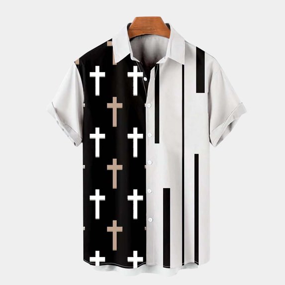 Male Summer Casual Loose Print Shirt Turn Down Short Sleeve Black M